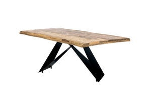 Tisch 180x90 cm mit Baumkante wie gewachsen, Gestell Cross Base | Bestehend aus Gestell 07114-45 + Tischplatte 07146-01, Platte aufgedoppelt auf 56 mm, Gestell aus matt schwarz lackiertem Eisen