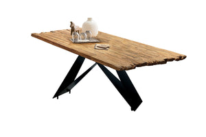 Tisch 220x100 cm  Teak natur, Plattenstärke 50 mm, Gestell Cross Base | Bestehend aus Gestell 07114-45 + Tischplatte 07179-03, Platte aufgedoppelt auf 50 mm, mit Bruchkante an den kurzen Seiten, Gestell aus matt schwarz lackiertem Eisen