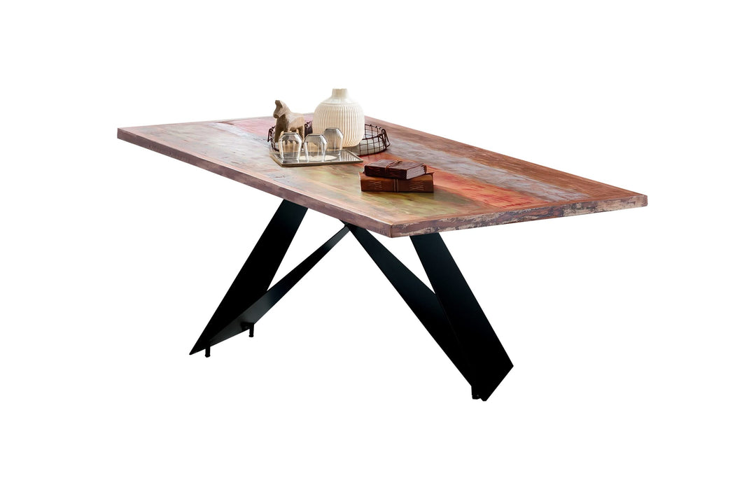 Tisch 160x85 cm Altholz bunt lackiert, Plattenstärke 50 mm, Gestell Cross Base | Bestehend aus Gestell 07114-45 + Tischplatte 07181-98, Plattenstärke 20 mm, am Rahmen 50 mm, Gestell aus matt schwarz lackiertem Eisen